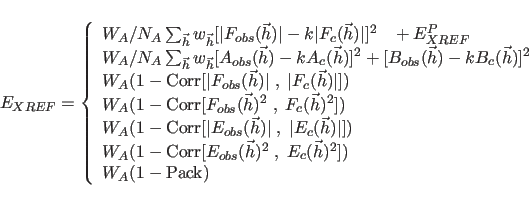 \begin{displaymath}
E_{XREF} = \left\{ \begin{array}{l}
W_A/N_A \sum_{\vec{h}} ...
...}(\vec{h})^2]) \\
W_A (1- {\rm Pack} )
\end{array} \right.
\end{displaymath}